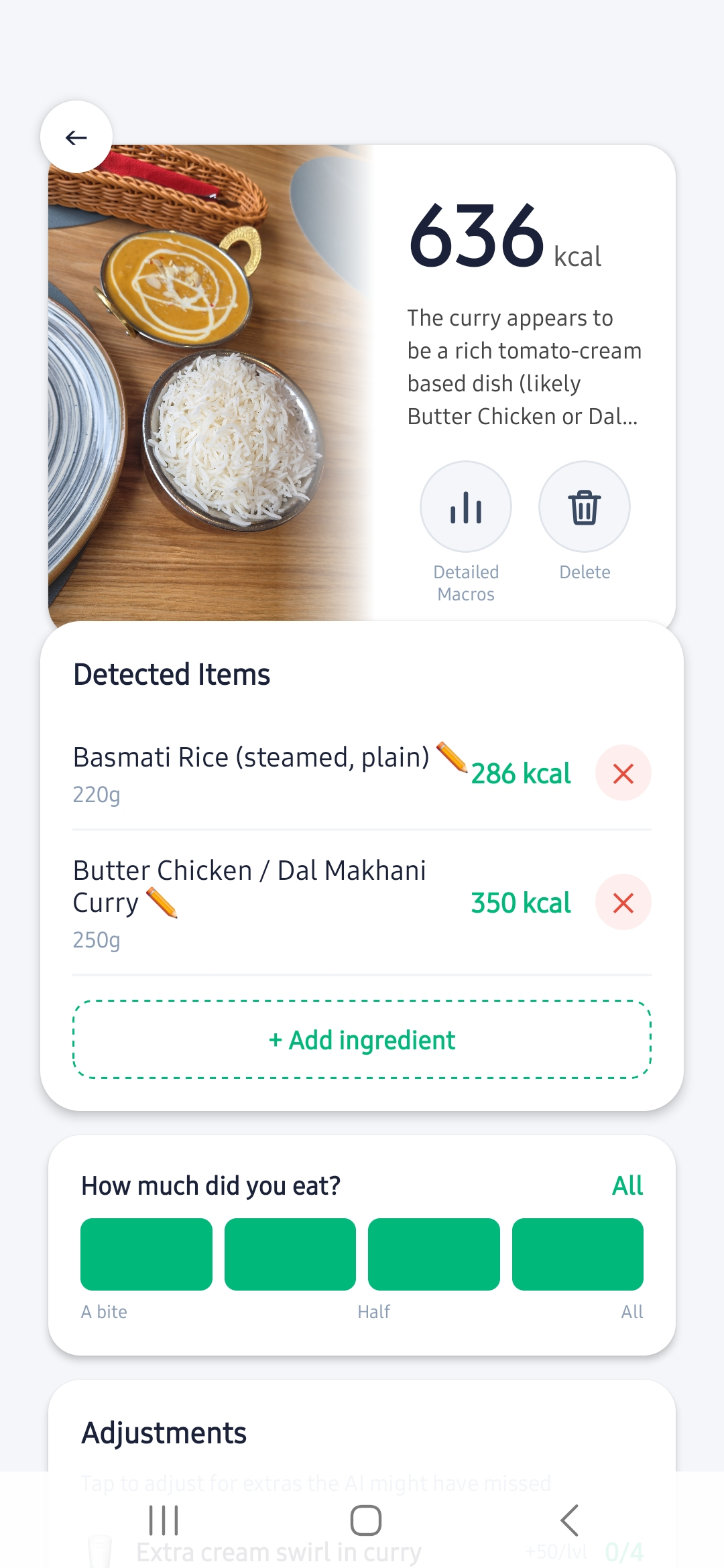 AI-detected food items with per-item calories