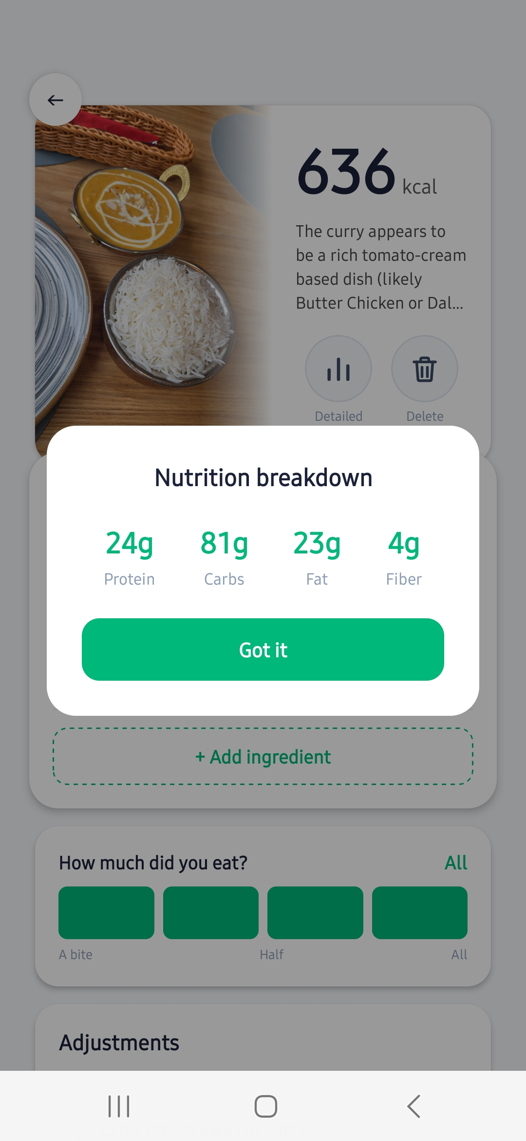 Macro breakdown showing protein, carbs, fat and fiber