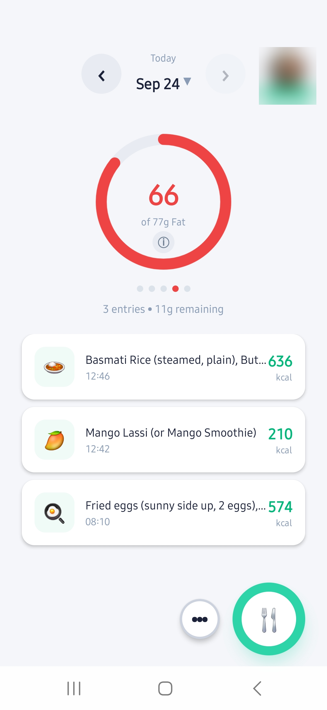 Daily calorie ring and logged meals for the day